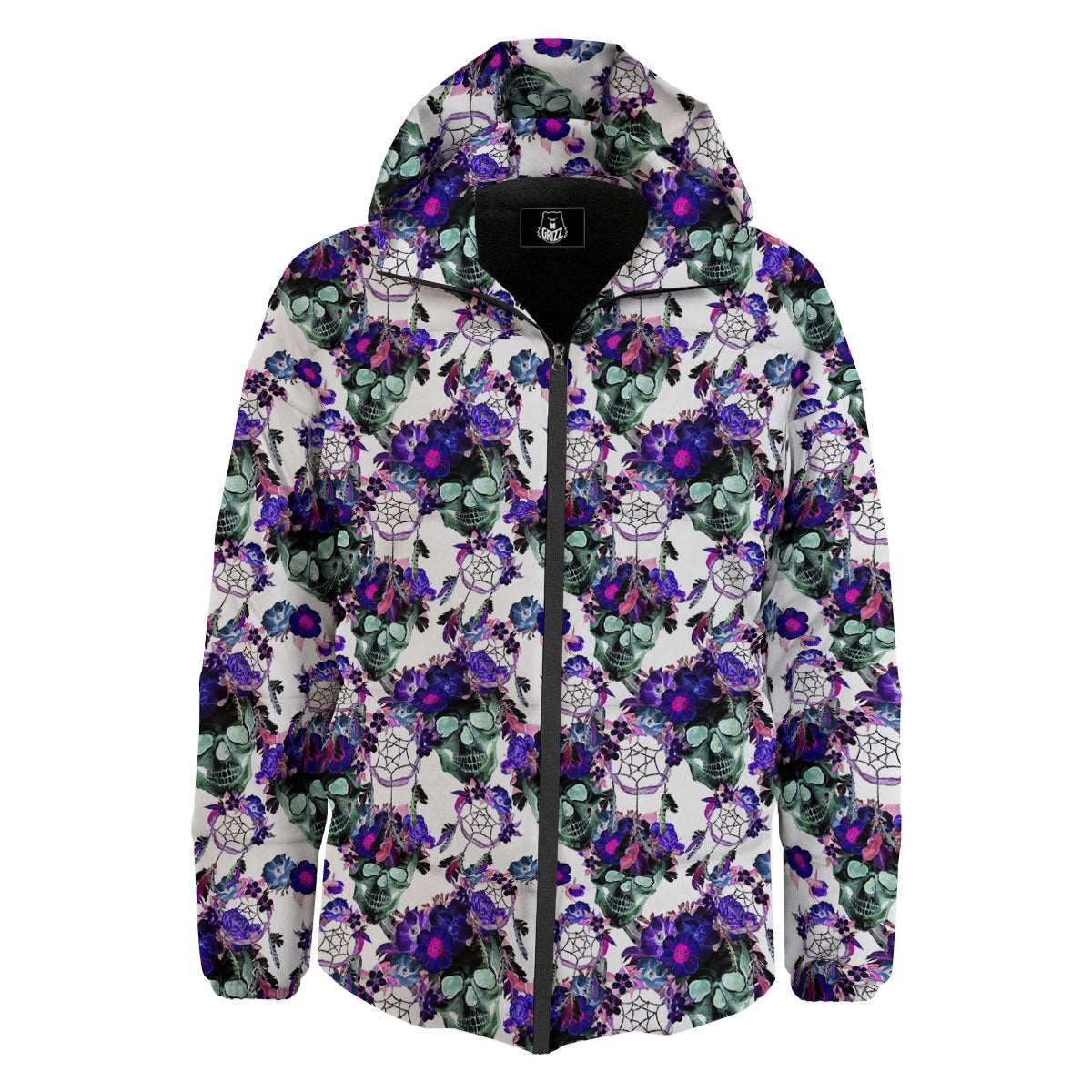 Floral Neon Skull Print Pattern Down Jacket-grizzshop
