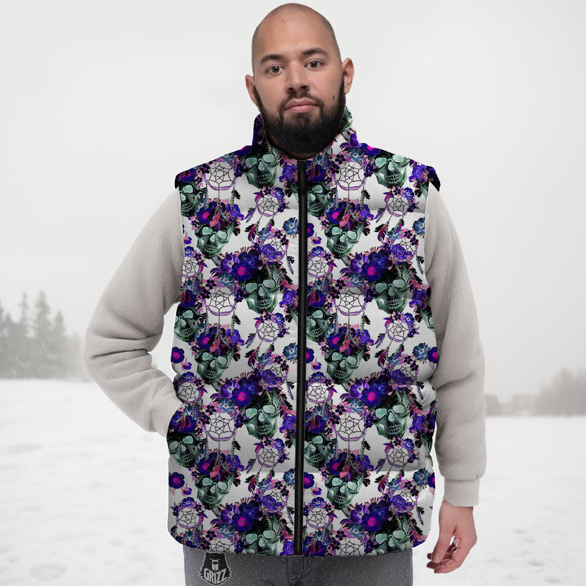 Floral Neon Skull Print Pattern Down Vest