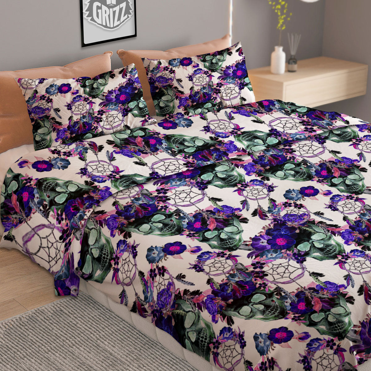 Floral Neon Skull Print Pattern Duvet Cover Bedding Set