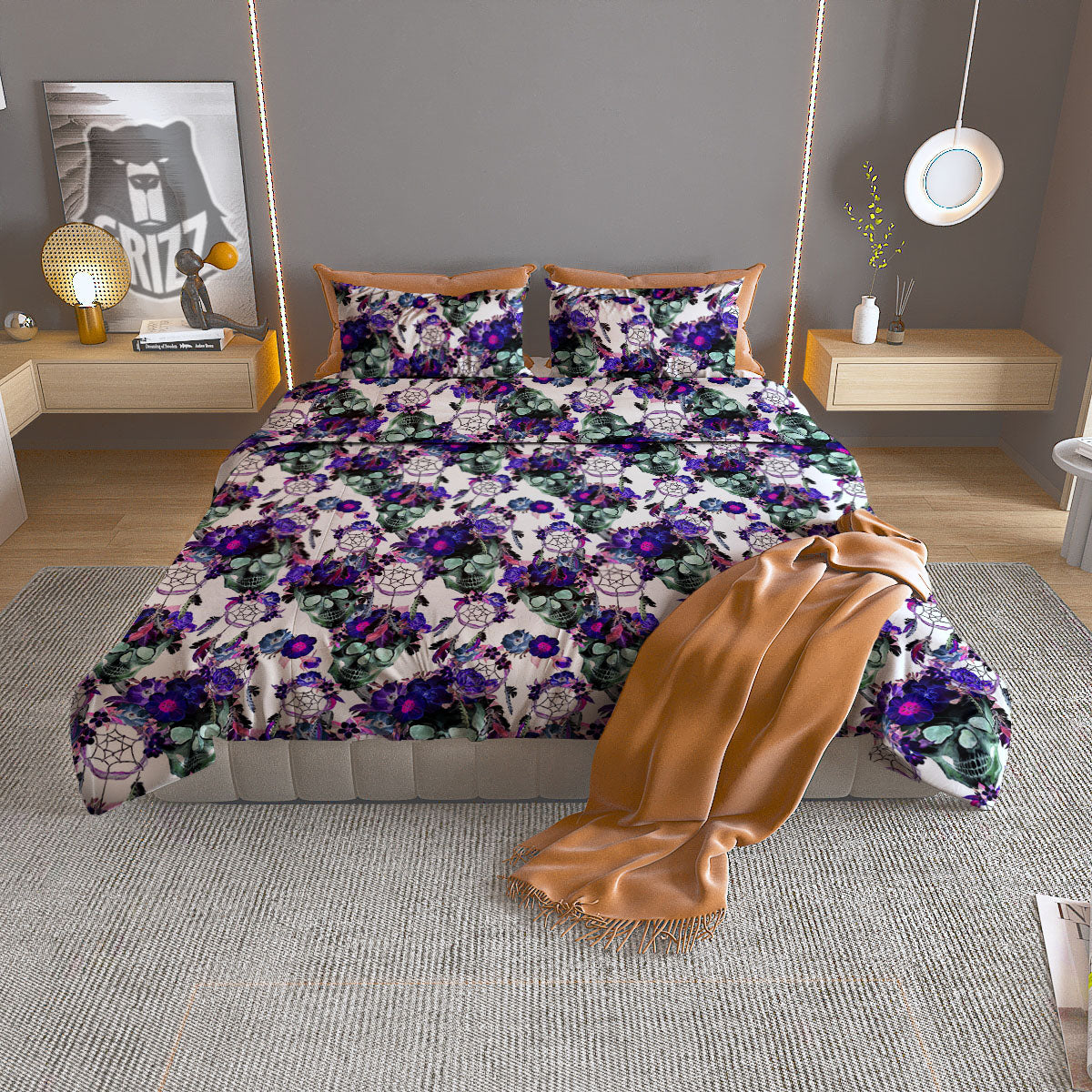 Floral Neon Skull Print Pattern Duvet Cover Bedding Set