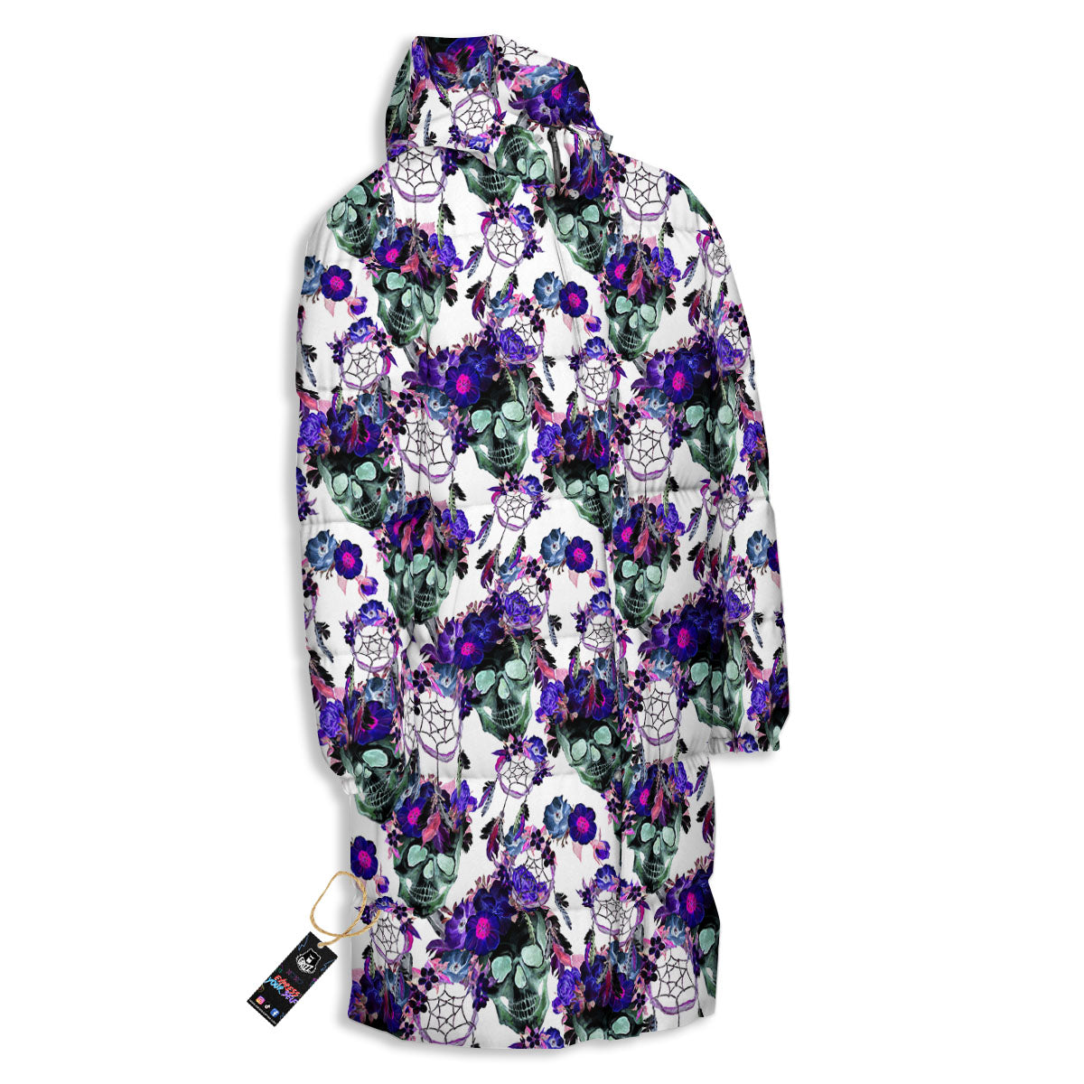 Floral Neon Skull Print Pattern Long Down Jacket-grizzshop