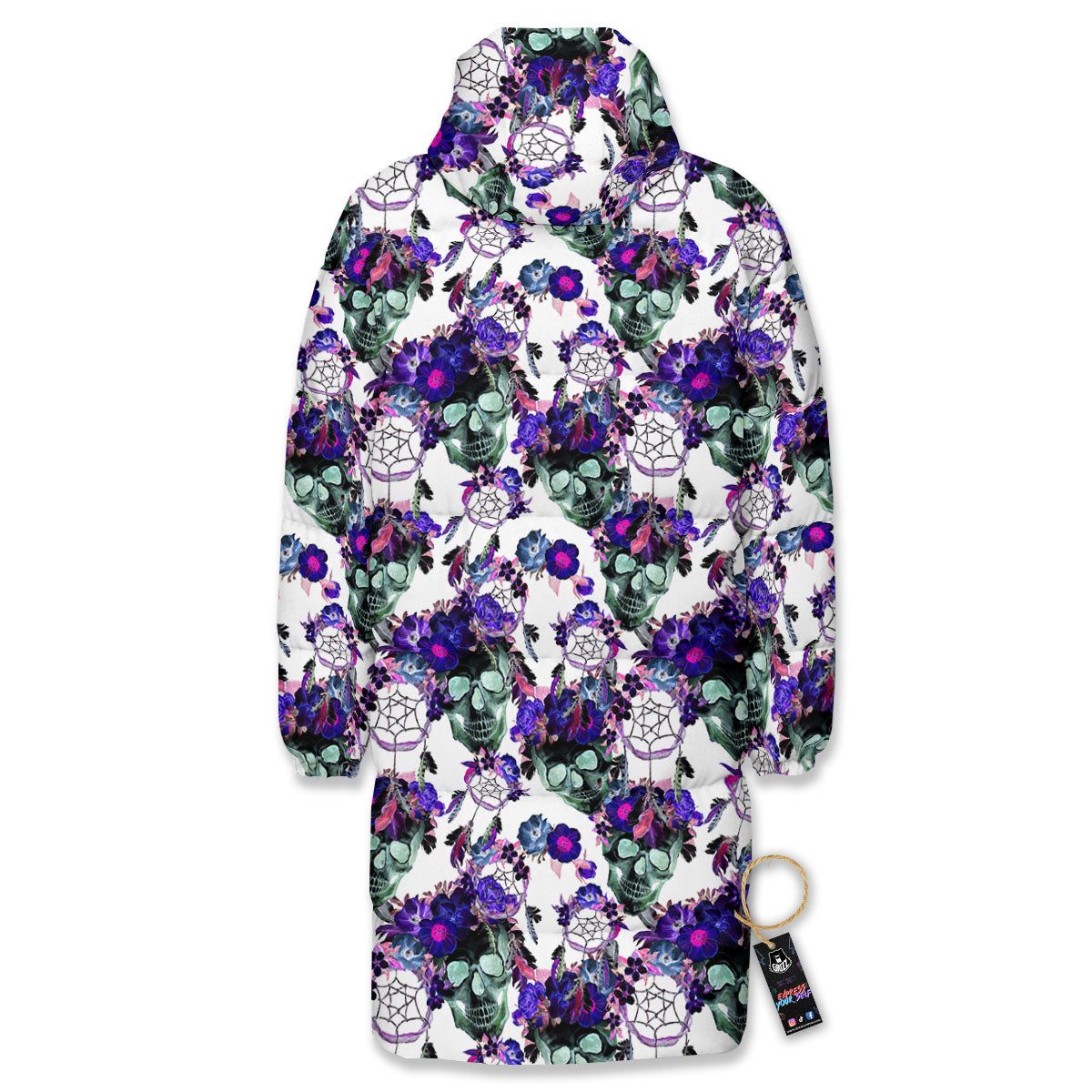 Floral Neon Skull Print Pattern Long Down Jacket-grizzshop