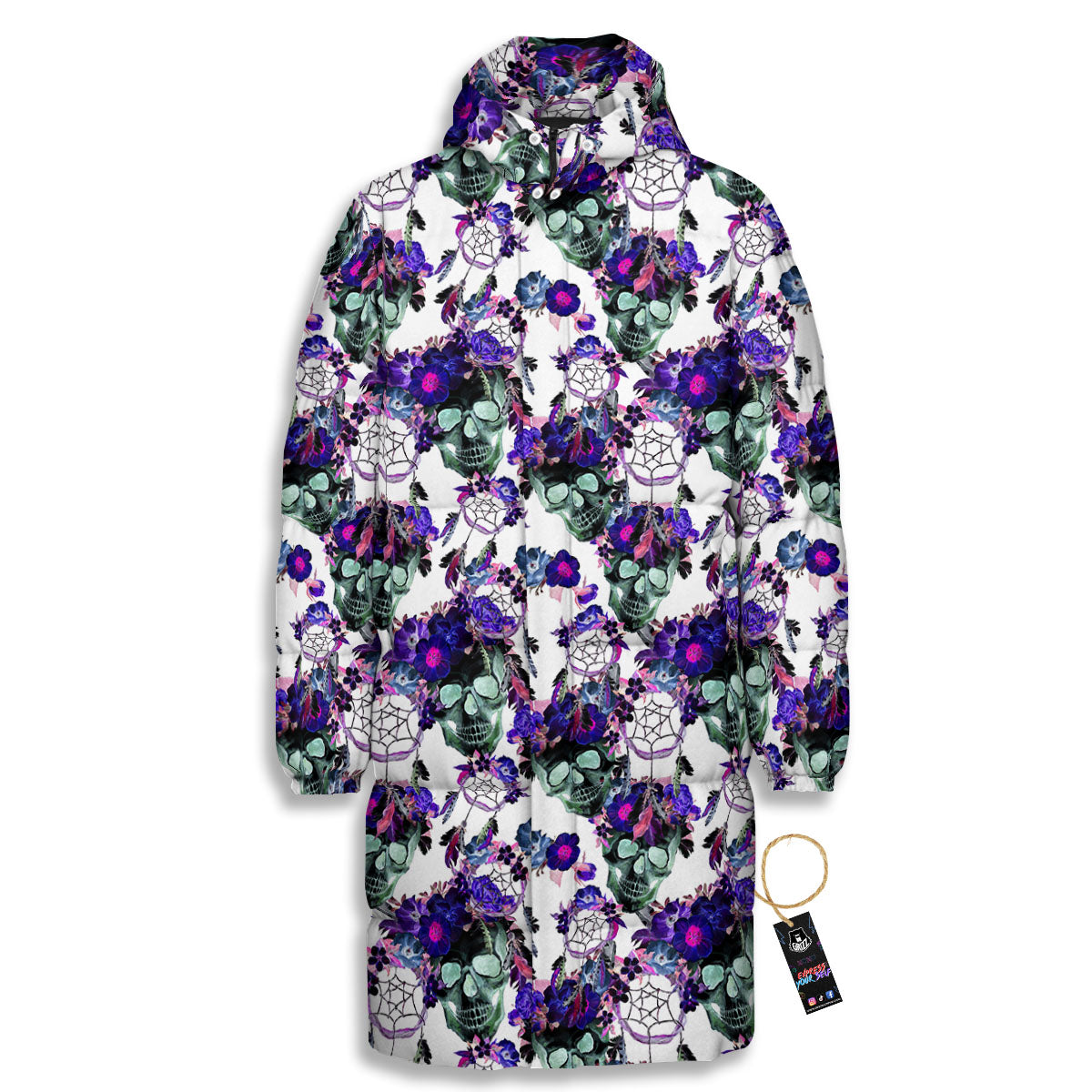 Floral Neon Skull Print Pattern Long Down Jacket-grizzshop