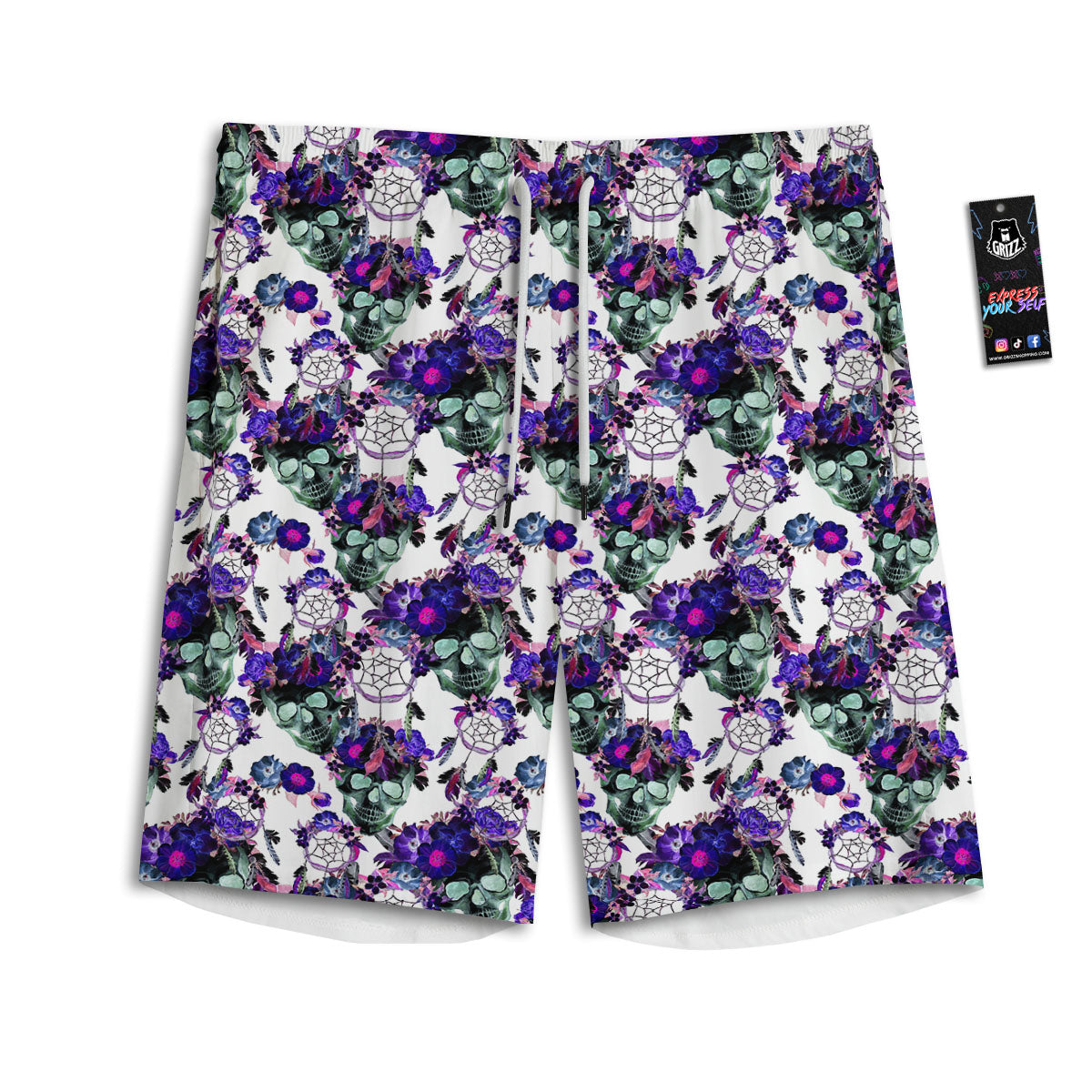 Floral Neon Skull Print Pattern Men's Athletic Shorts