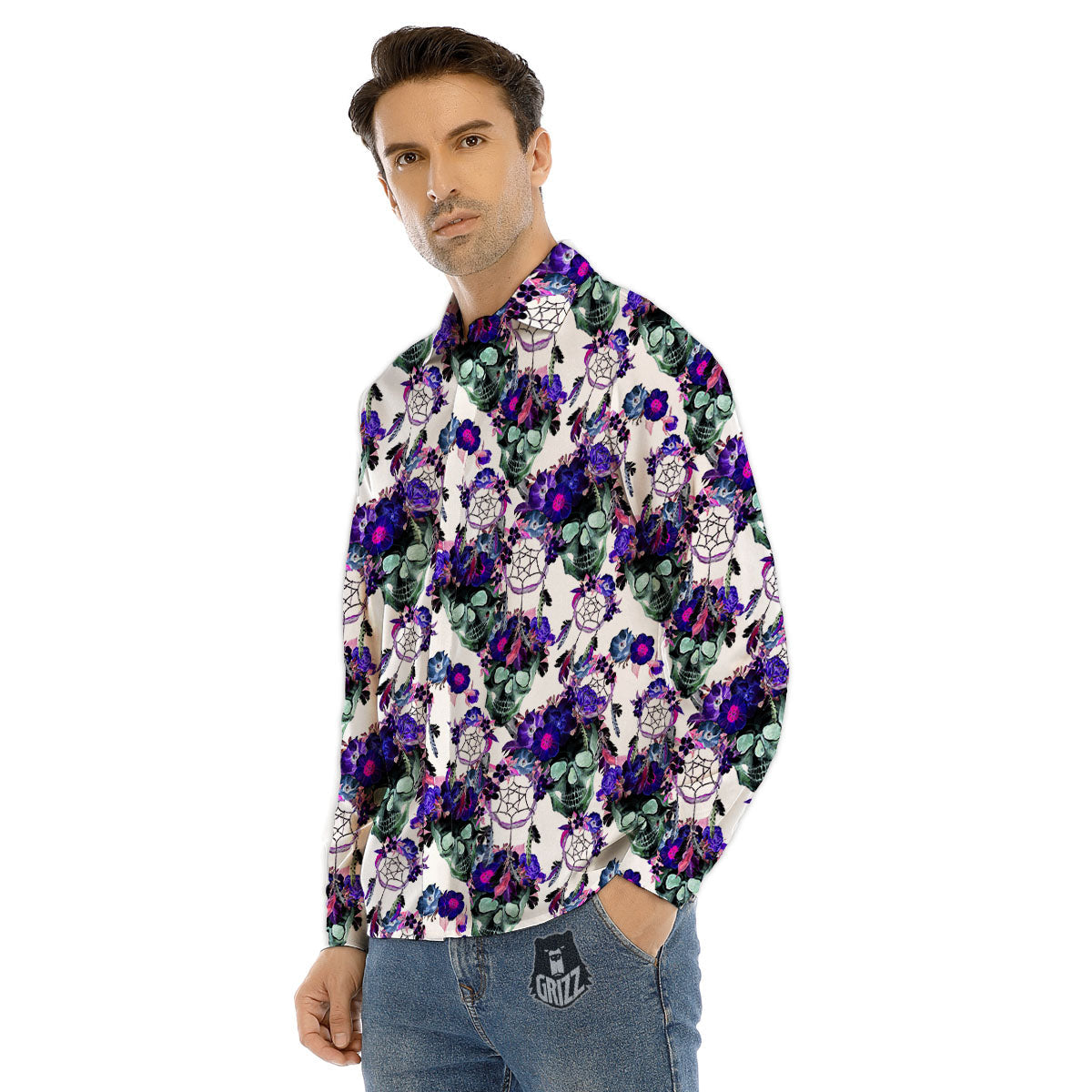 Floral Neon Skull Print Pattern Men's Dress Shirts-grizzshop