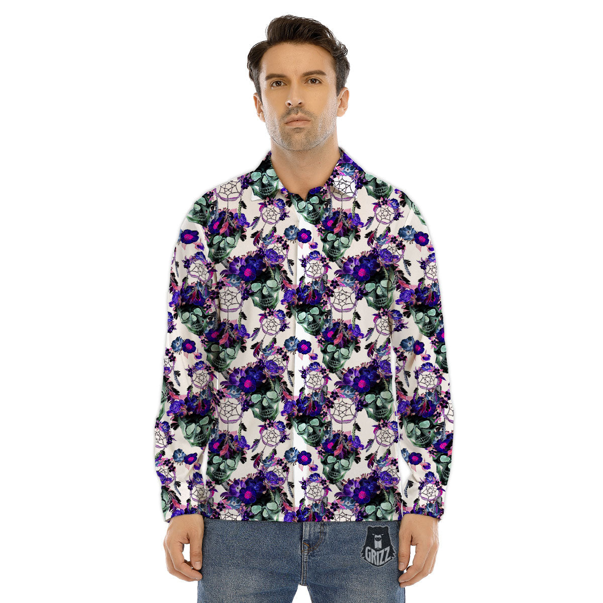 Floral Neon Skull Print Pattern Men's Dress Shirts-grizzshop