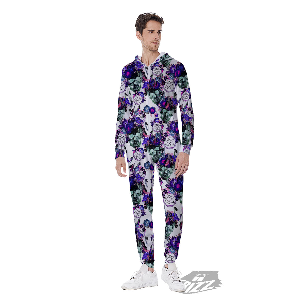 Floral Neon Skull Print Pattern Men's Jumpsuit-grizzshop