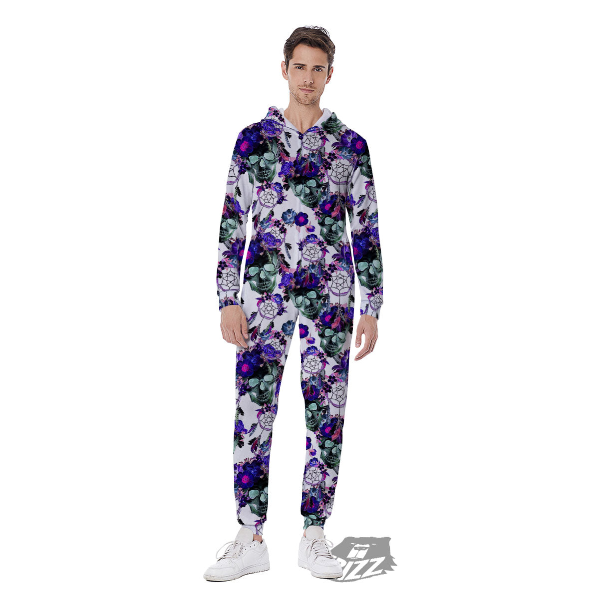Floral Neon Skull Print Pattern Men's Jumpsuit-grizzshop