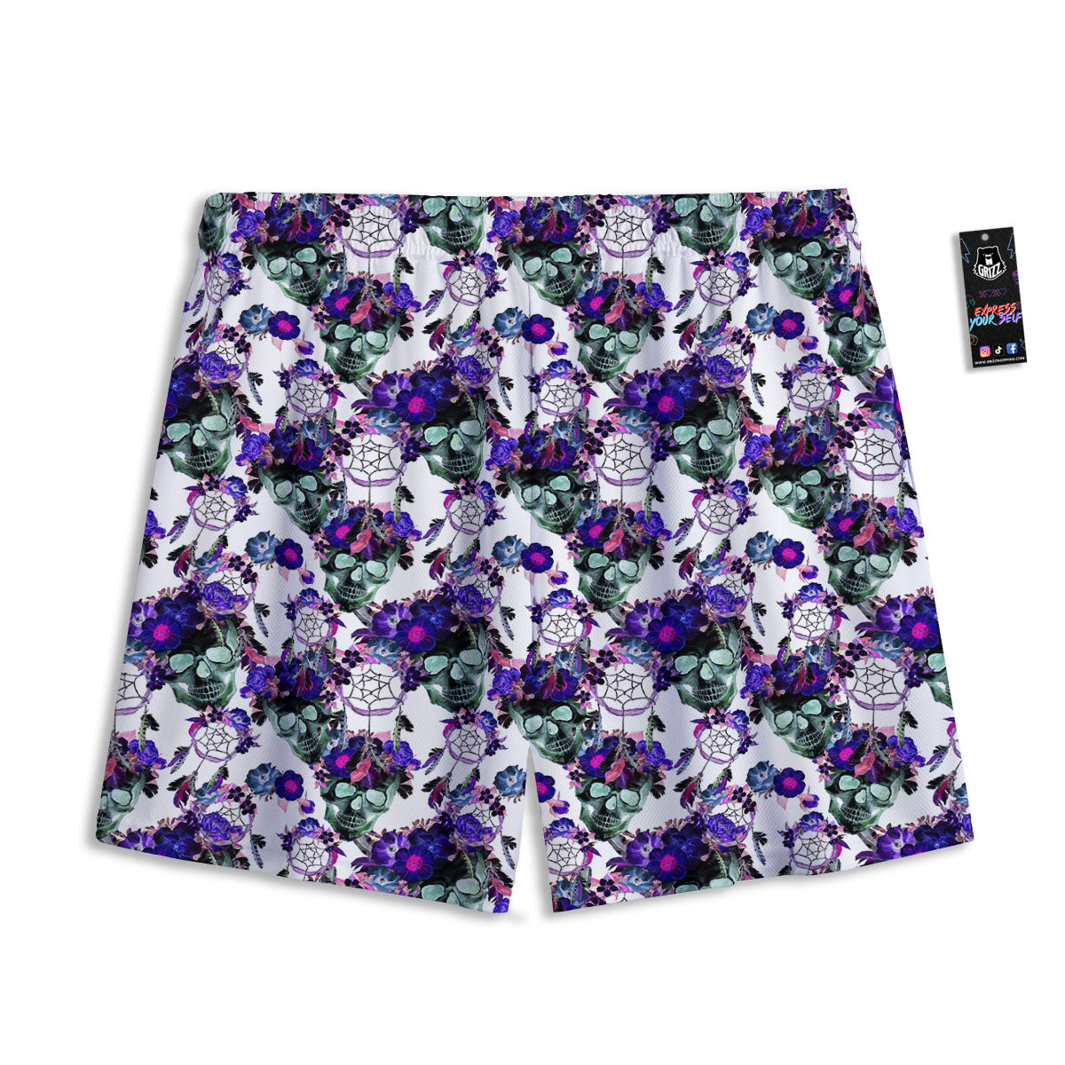 Floral Neon Skull Print Pattern Mesh Shorts