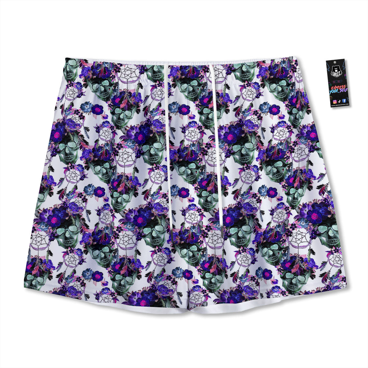 Floral Neon Skull Print Pattern Mesh Shorts