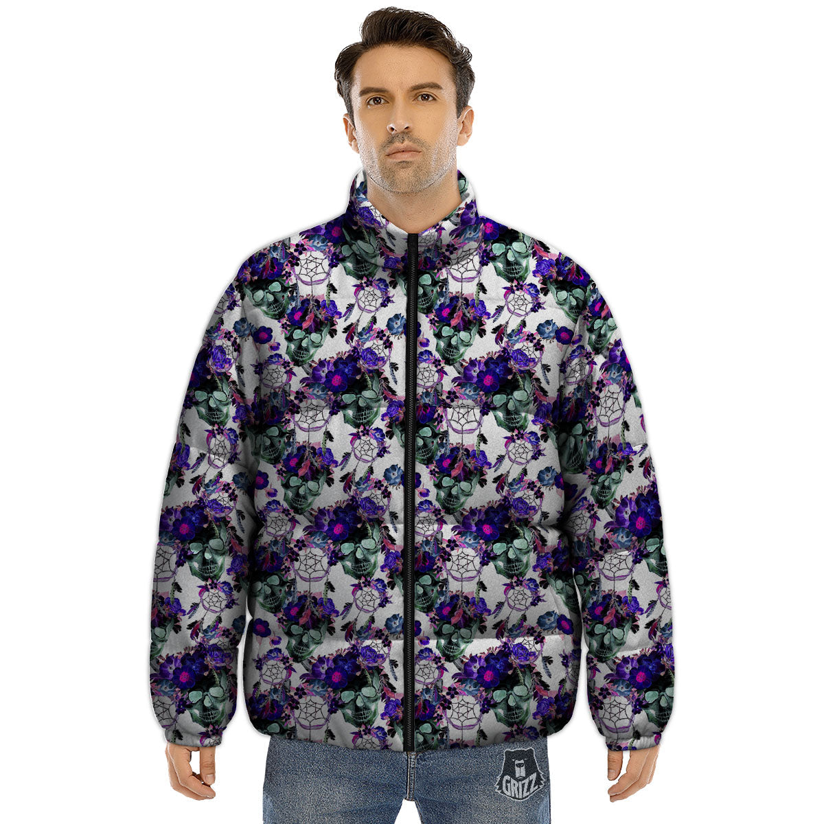 Floral Neon Skull Print Pattern Puffer Jacket-grizzshop