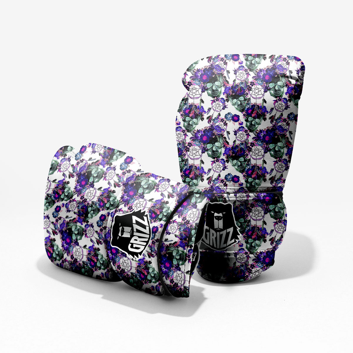 Floral Neon Skull Print Pattern Pro Boxing Glove