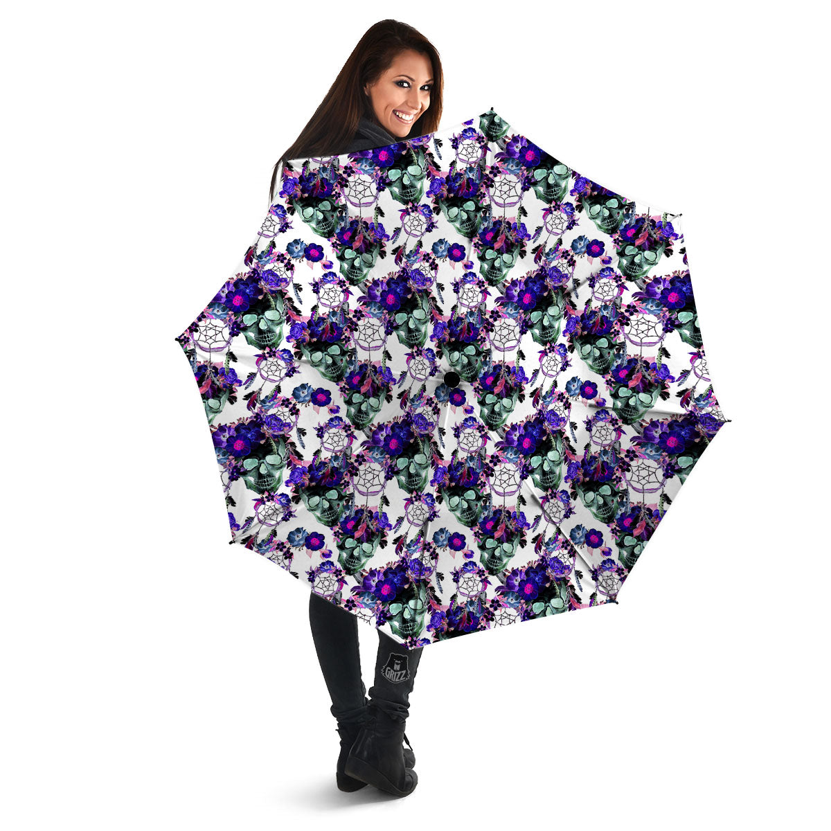 Floral Neon Skull Print Pattern Umbrella-grizzshop