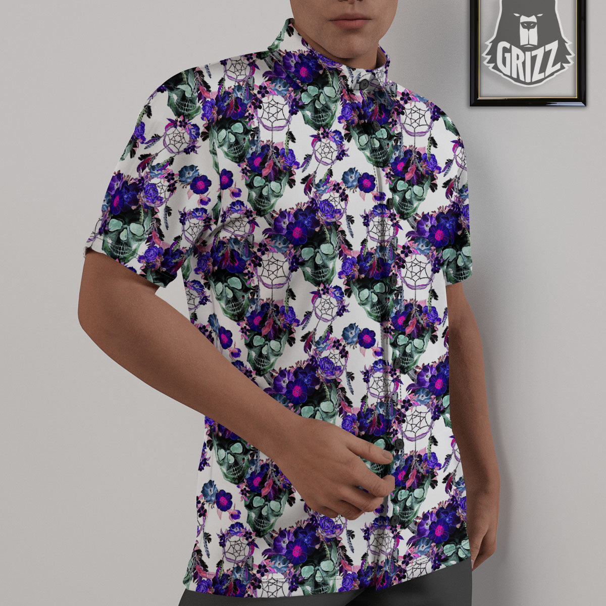 Floral Neon Skull Print Pattern Untucked Shirts-grizzshop
