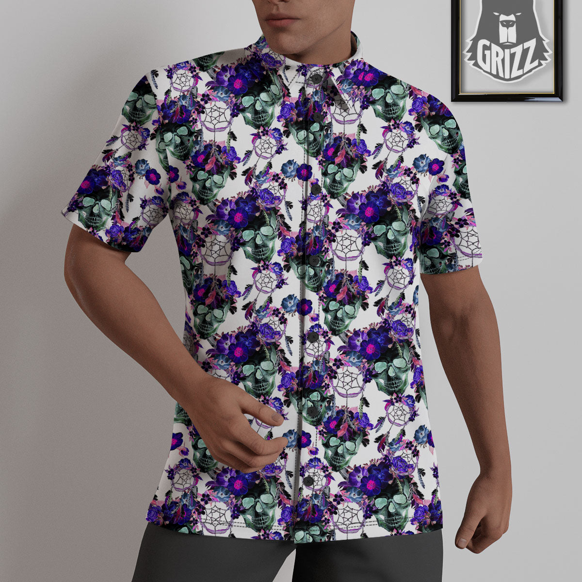 Floral Neon Skull Print Pattern Untucked Shirts-grizzshop