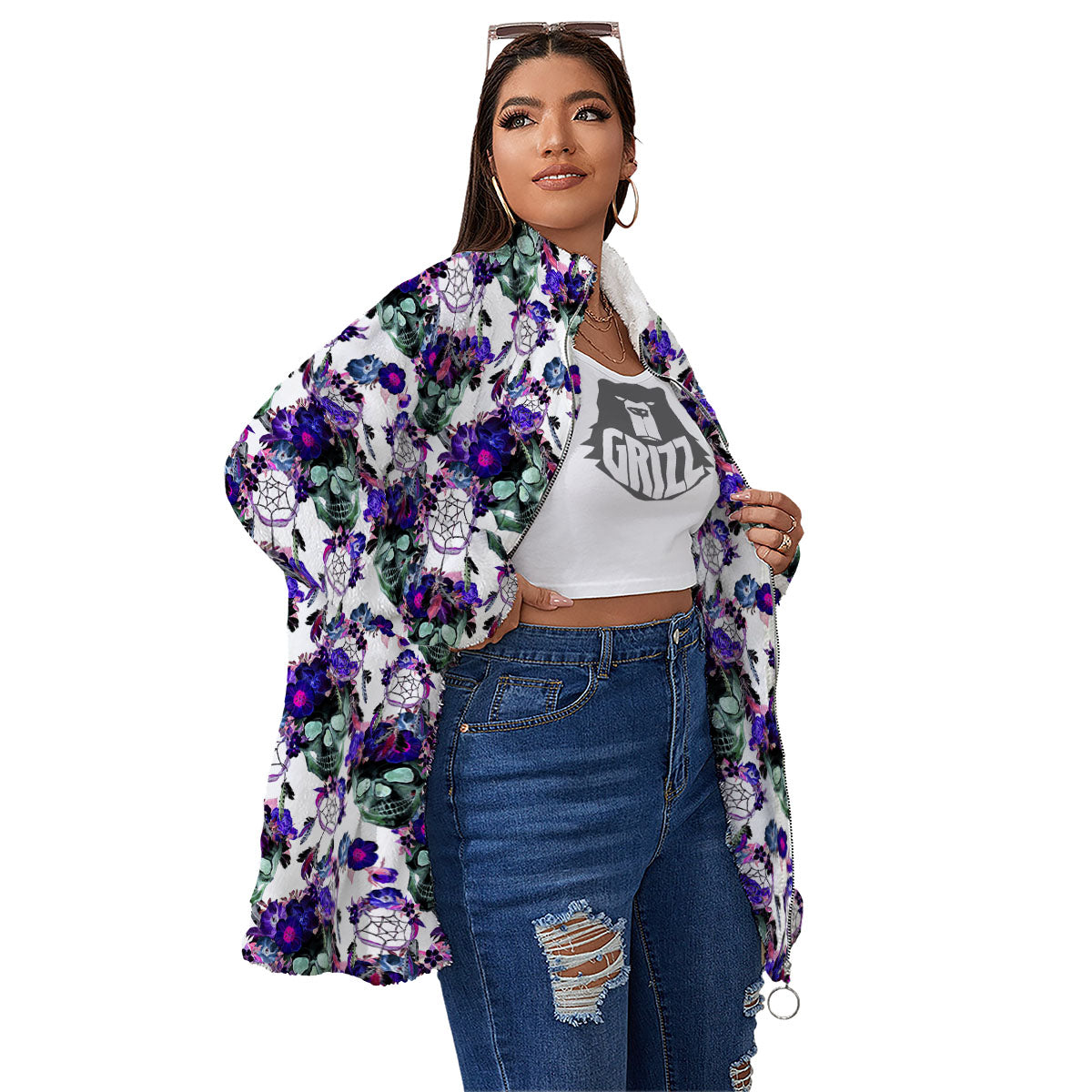 Floral Neon Skull Print Pattern Women's Sherpa Jacket-grizzshop