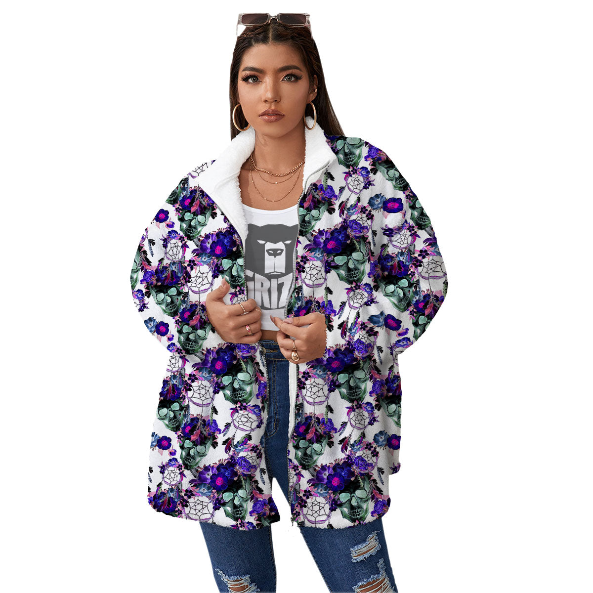 Floral Neon Skull Print Pattern Women's Sherpa Jacket-grizzshop