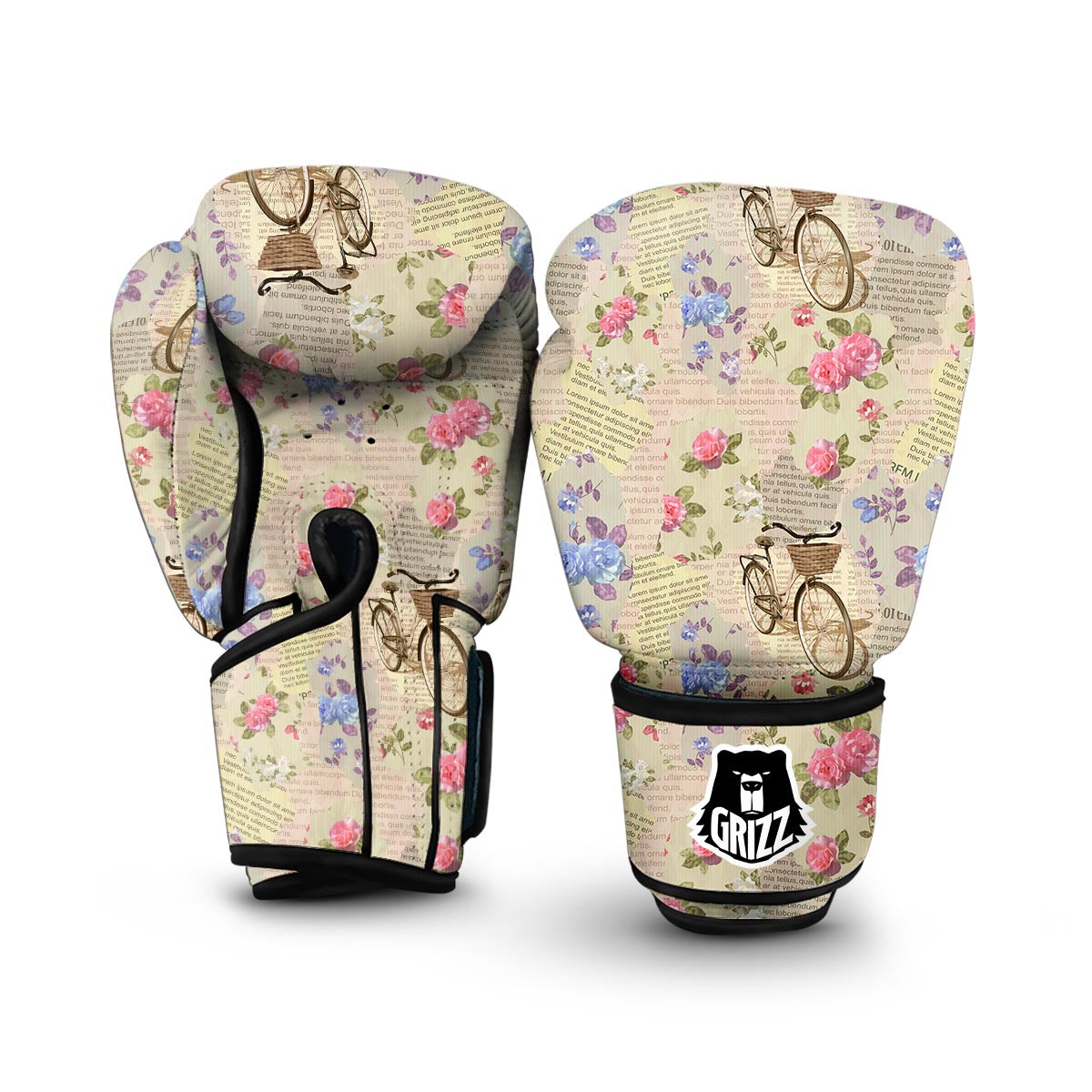 Floral Newspaper Pattern Print Boxing Gloves-grizzshop