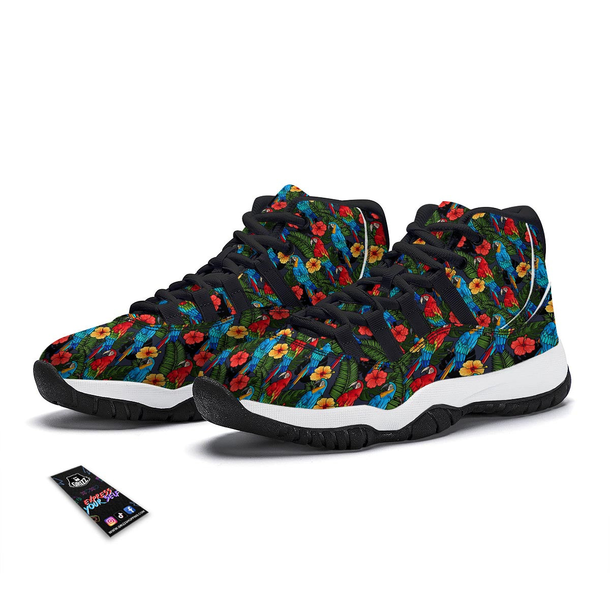 Floral Parrot Bird Pattern Print Black Bball Shoes-grizzshop