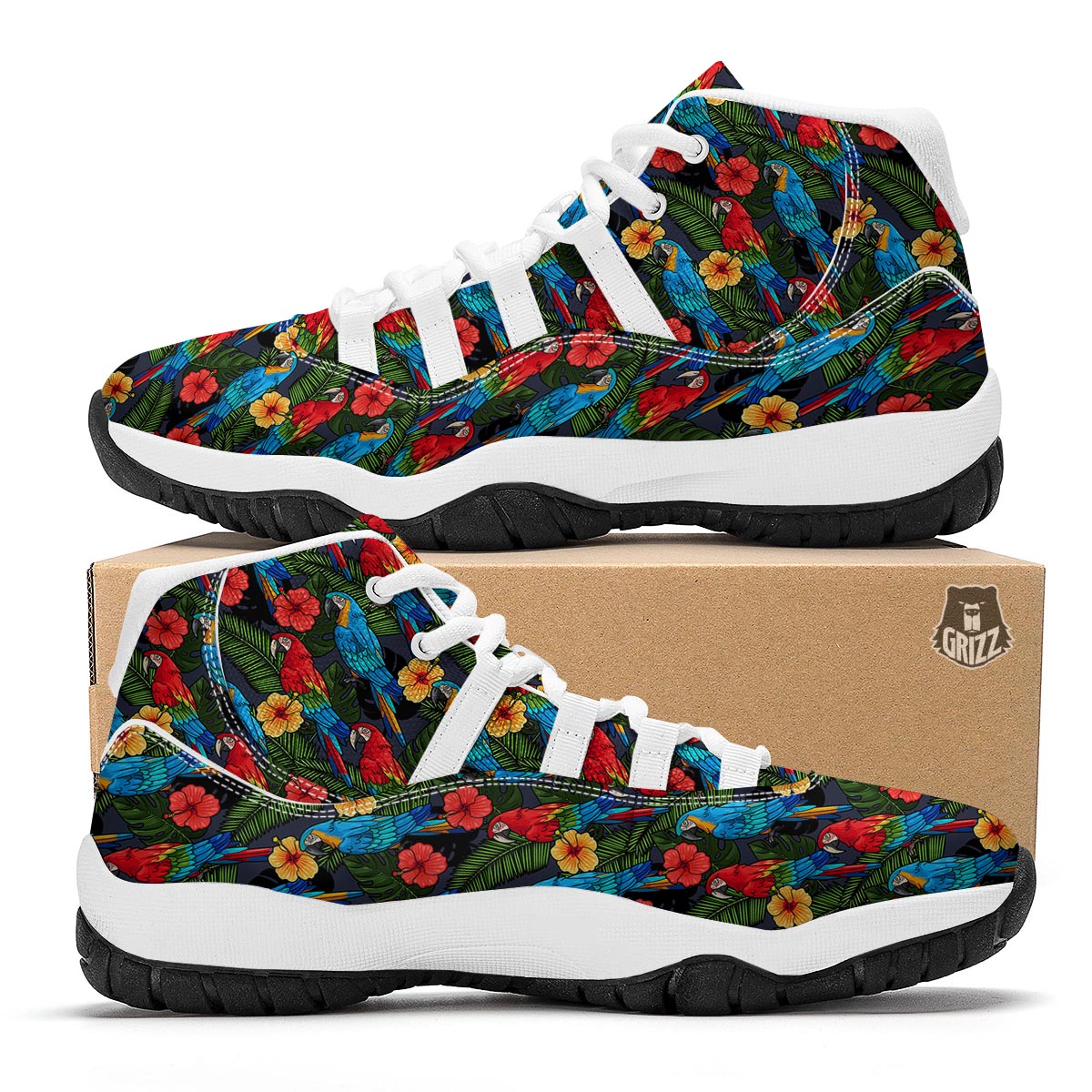 Floral Parrot Bird Pattern Print White Bball Shoes-grizzshop