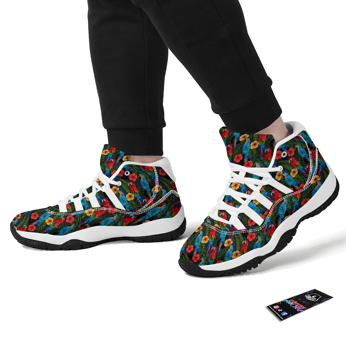 Floral Parrot Bird Pattern Print White Bball Shoes-grizzshop