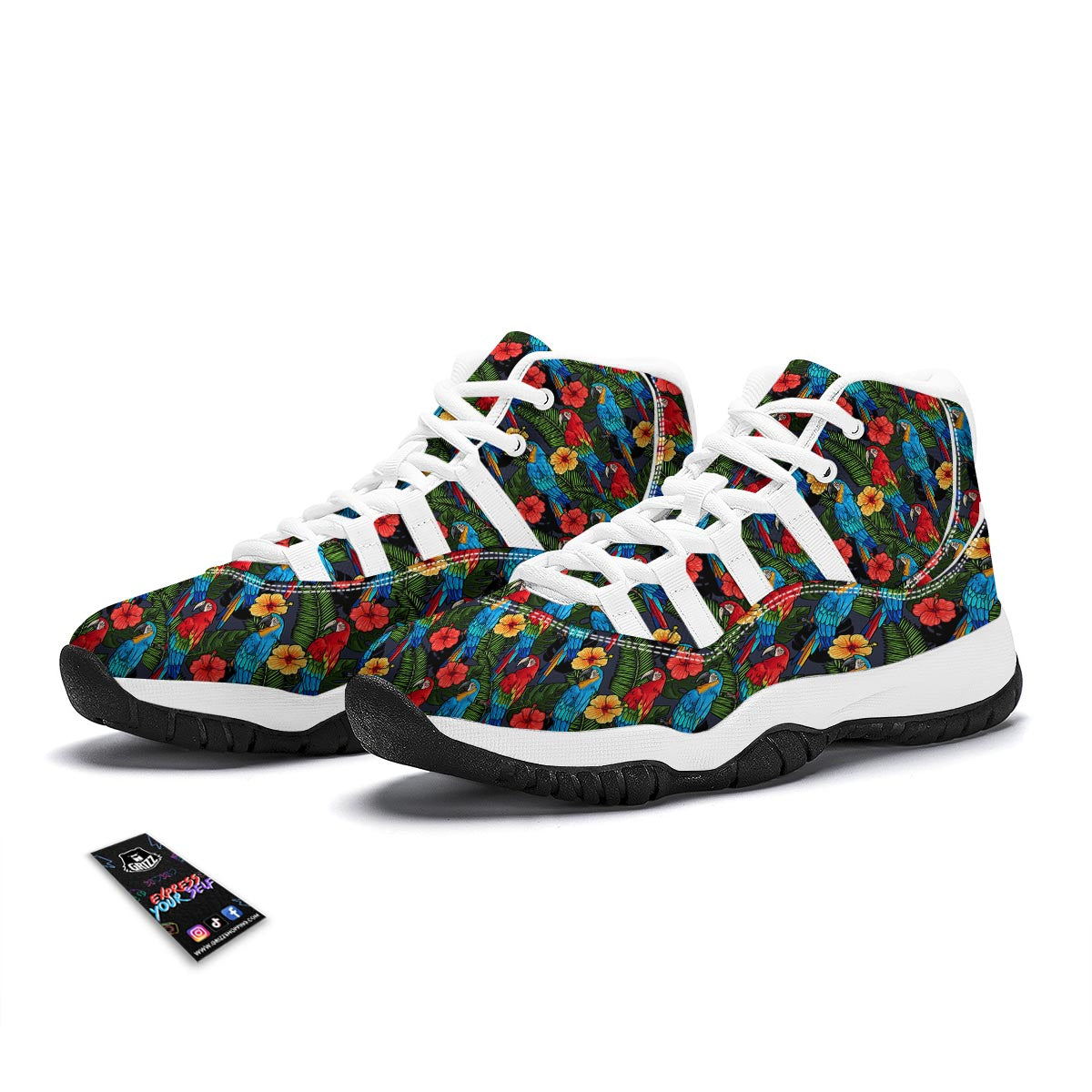 Floral Parrot Bird Pattern Print White Bball Shoes-grizzshop