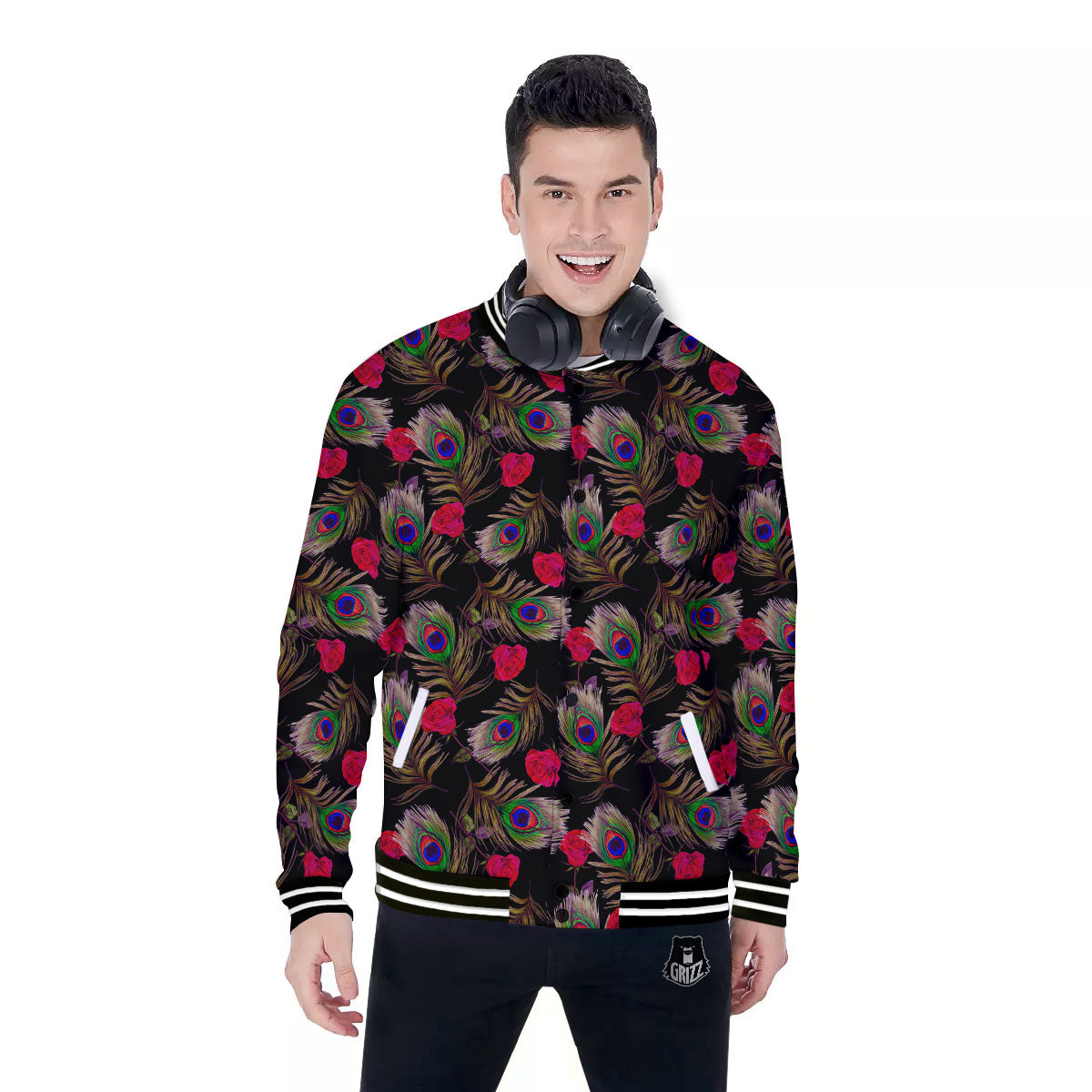 Floral Peacock Feather Print Pattern Baseball Jacket-grizzshop