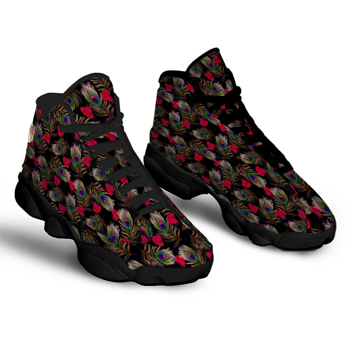 Floral Peacock Feather Print Pattern Black Basketball Shoes-grizzshop