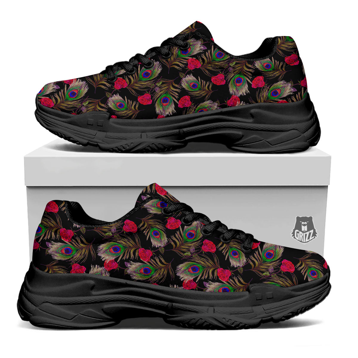 Floral Peacock Feather Print Pattern Black Chunky Shoes-grizzshop