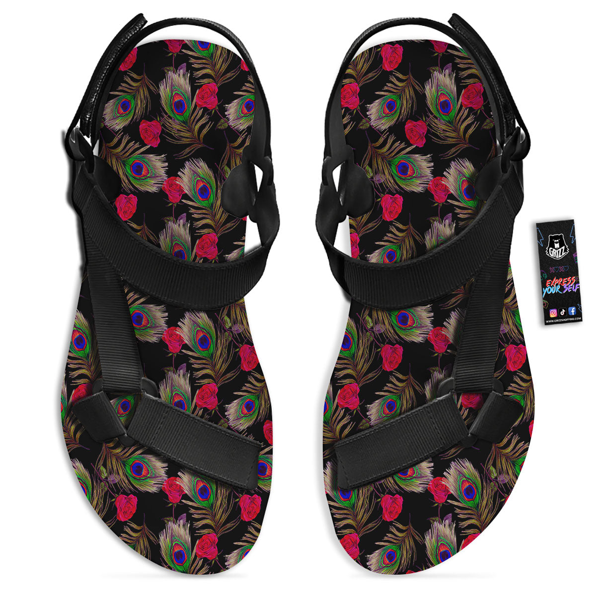 Floral Peacock Feather Print Pattern Black Open Toe Sandals-grizzshop