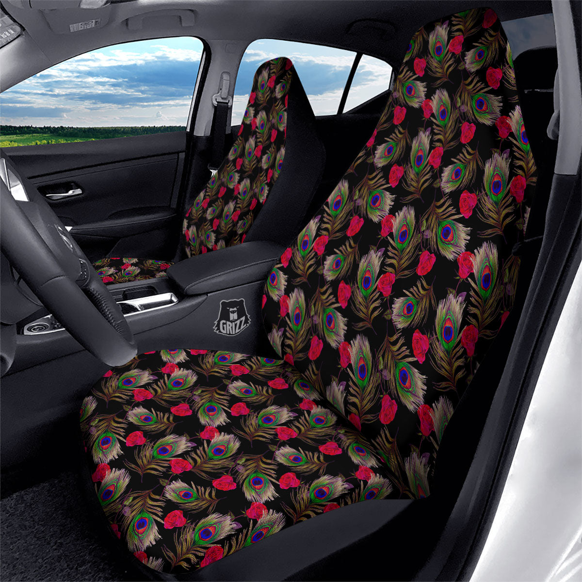 Floral Peacock Feather Print Pattern Car Seat Covers-grizzshop