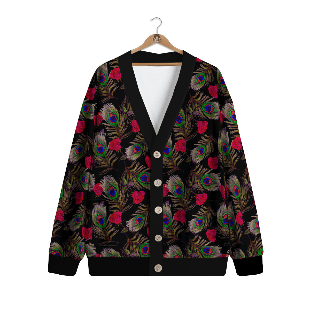 Floral Peacock Feather Print Pattern Cardigan-grizzshop