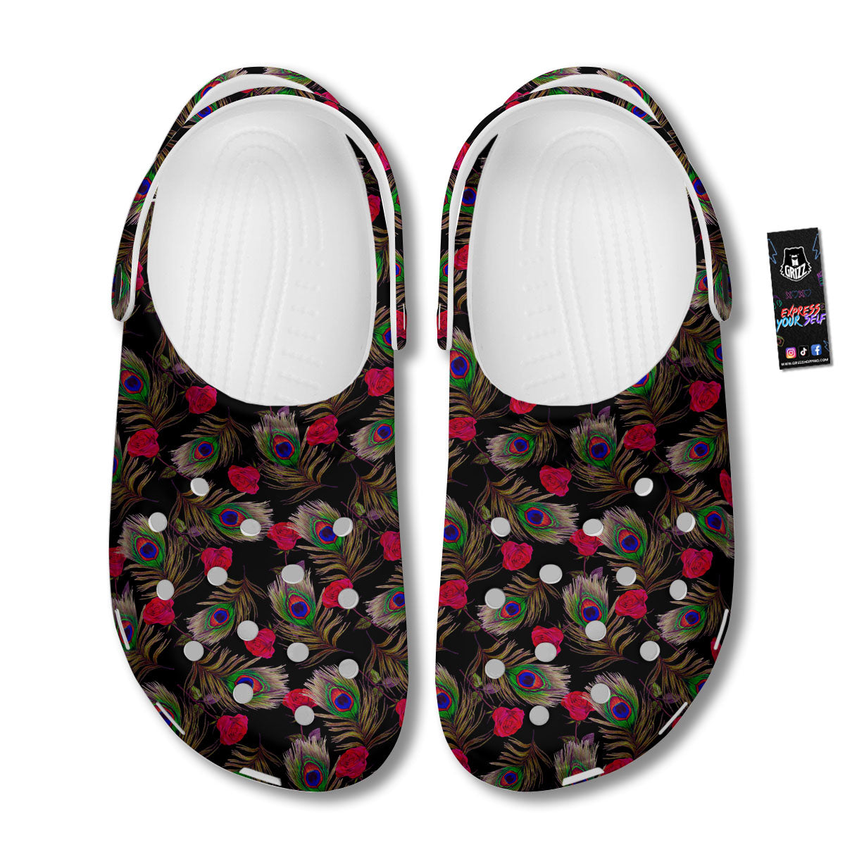Floral Peacock Feather Print Pattern Clog-grizzshop