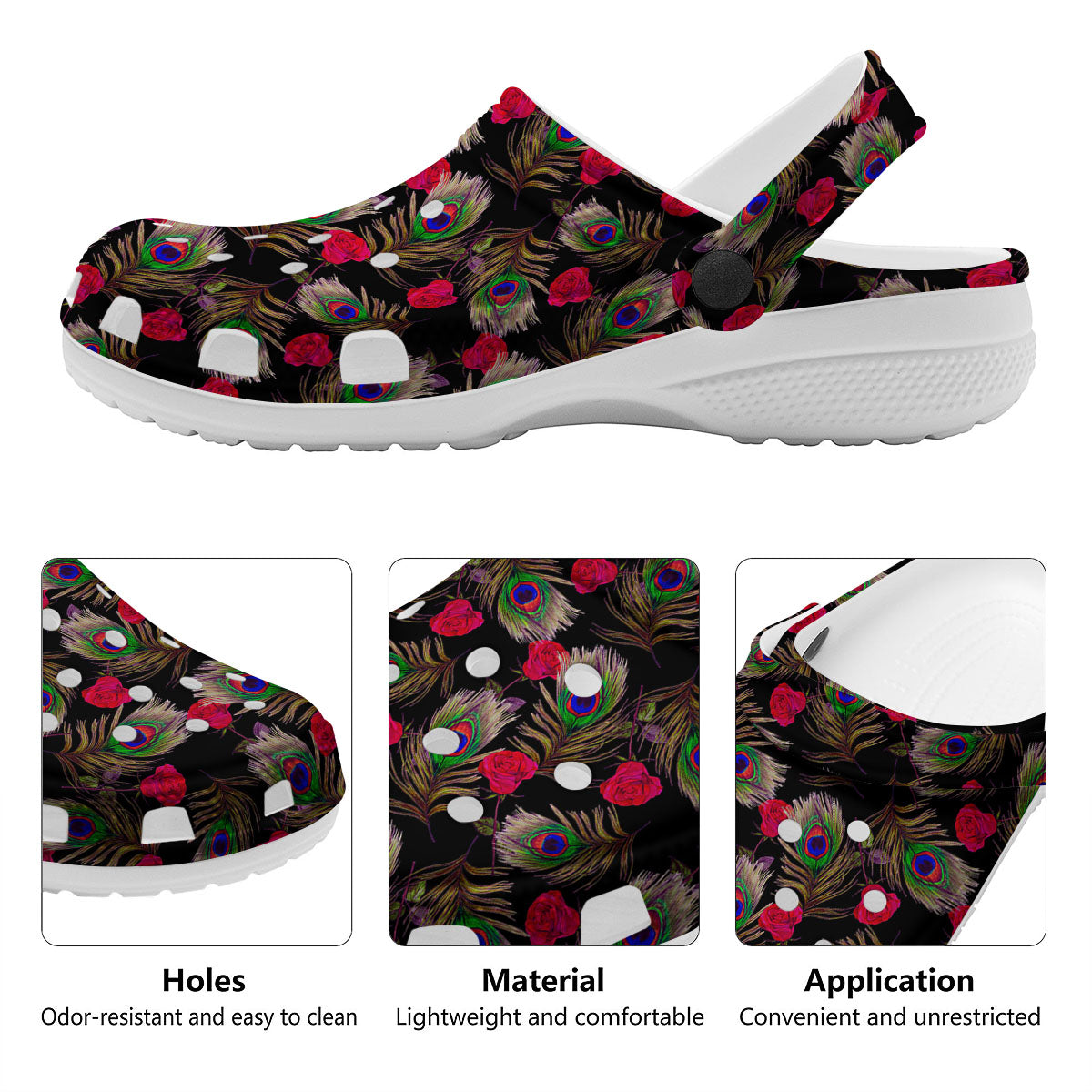 Floral Peacock Feather Print Pattern Clog-grizzshop
