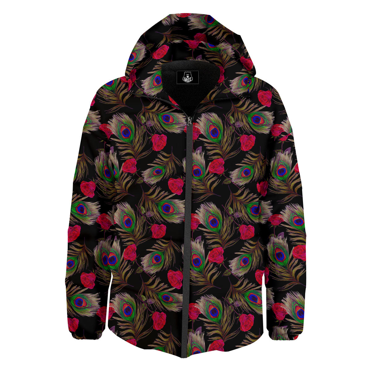Floral Peacock Feather Print Pattern Down Jacket-grizzshop