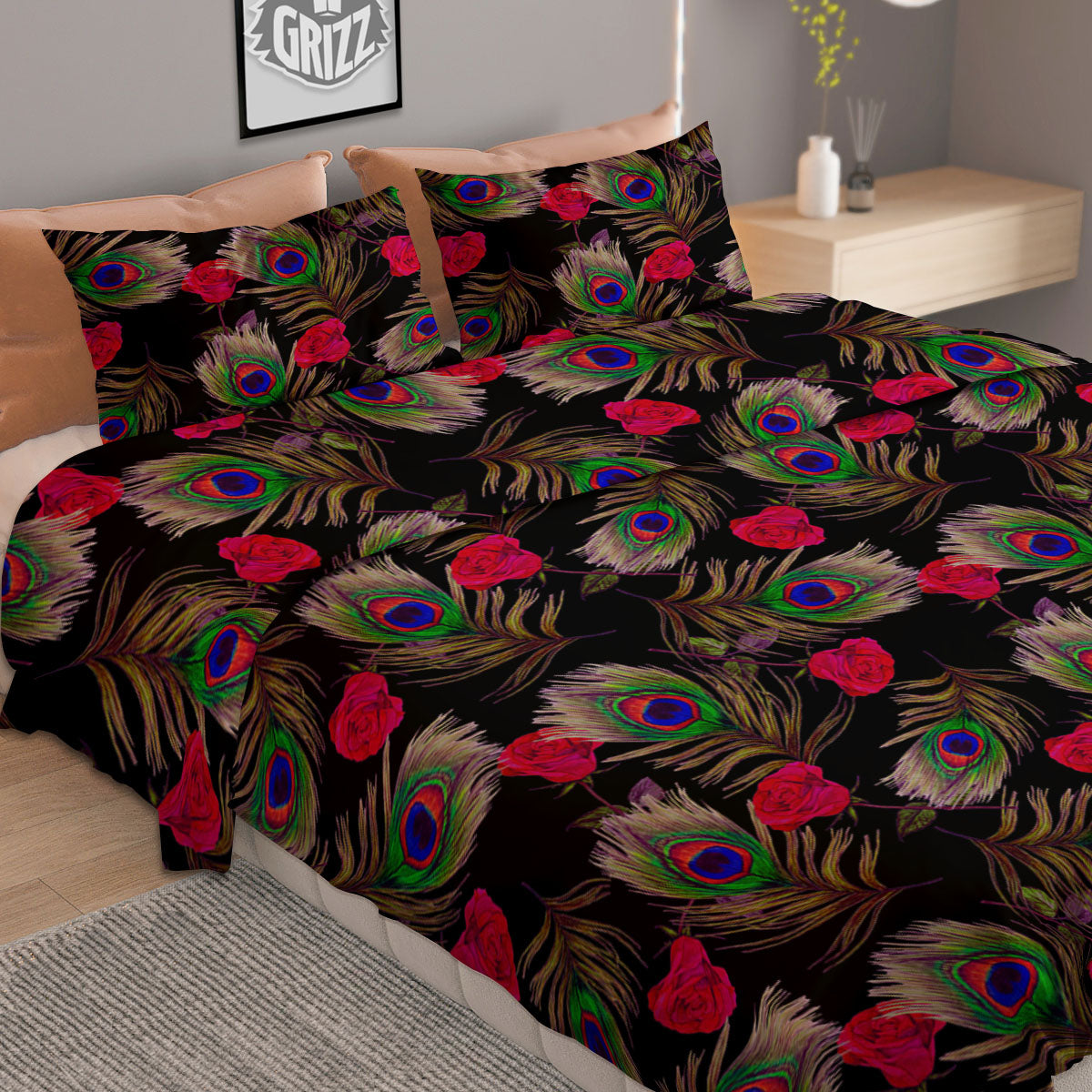 Floral Peacock Feather Print Pattern Duvet Cover Bedding Set