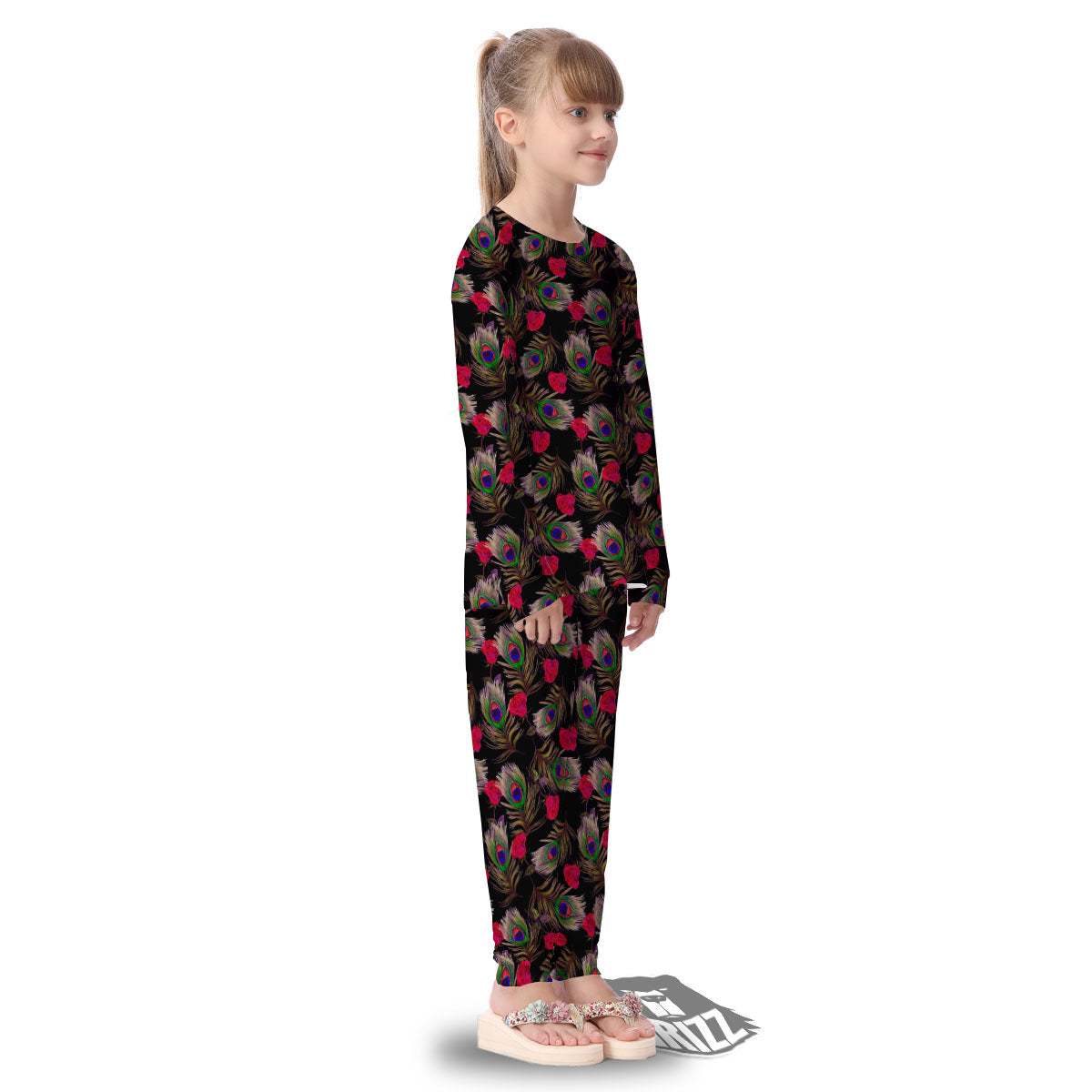 Floral Peacock Feather Print Pattern Kid's Pajamas-grizzshop