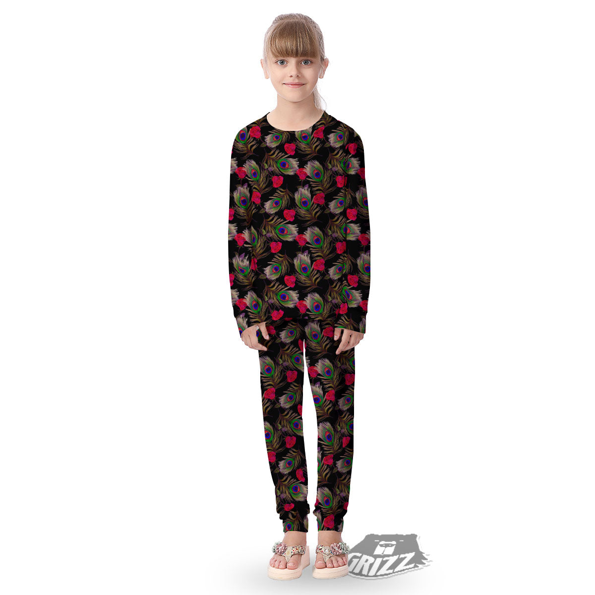 Floral Peacock Feather Print Pattern Kid's Pajamas-grizzshop