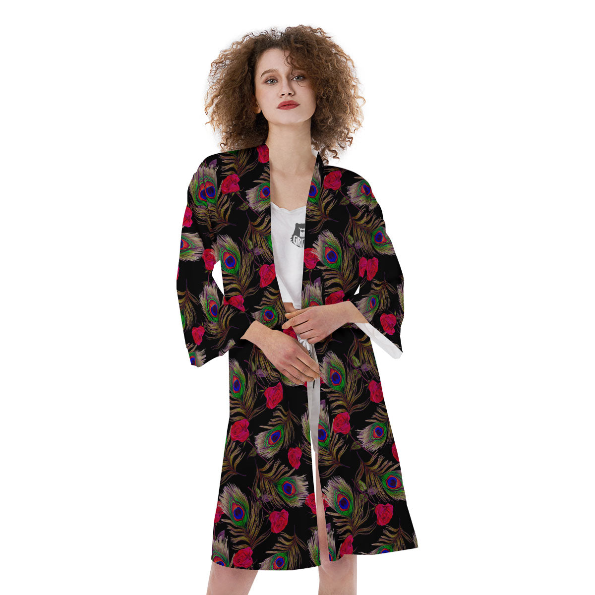 Floral Peacock Feather Print Pattern Kimono-grizzshop