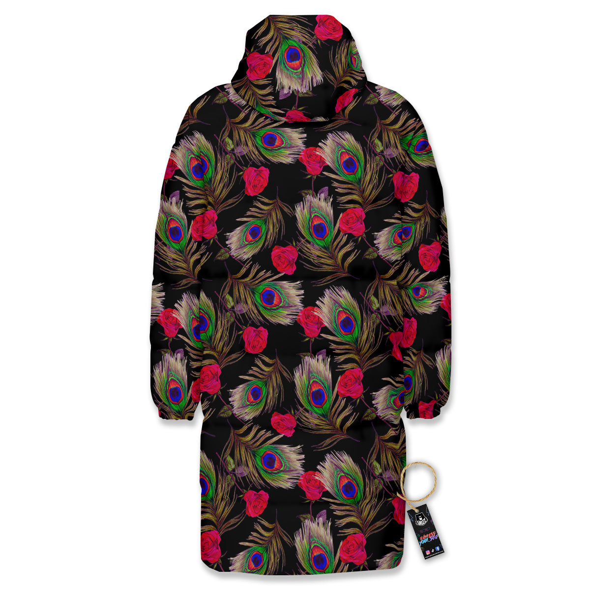 Floral Peacock Feather Print Pattern Long Down Jacket-grizzshop