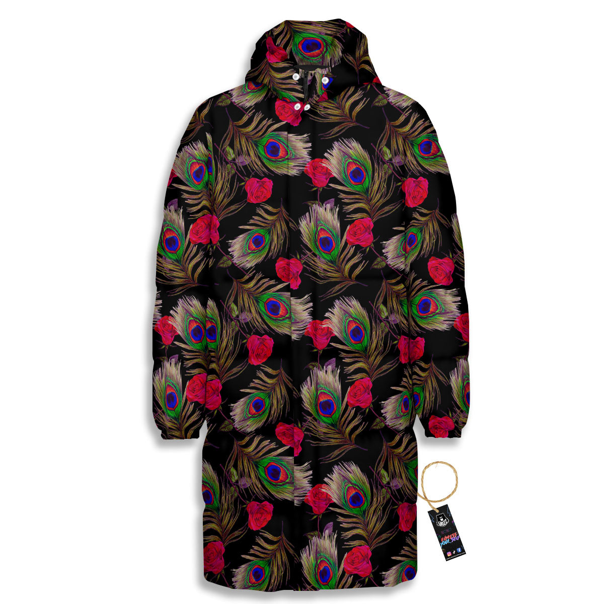 Floral Peacock Feather Print Pattern Long Down Jacket-grizzshop