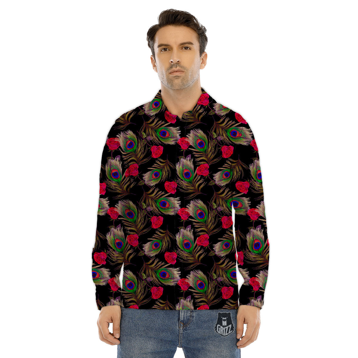 Floral Peacock Feather Print Pattern Men's Dress Shirts-grizzshop