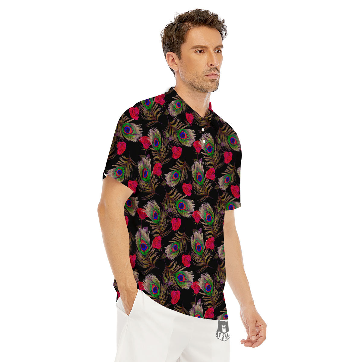 Floral Peacock Feather Print Pattern Men's Golf Shirts-grizzshop