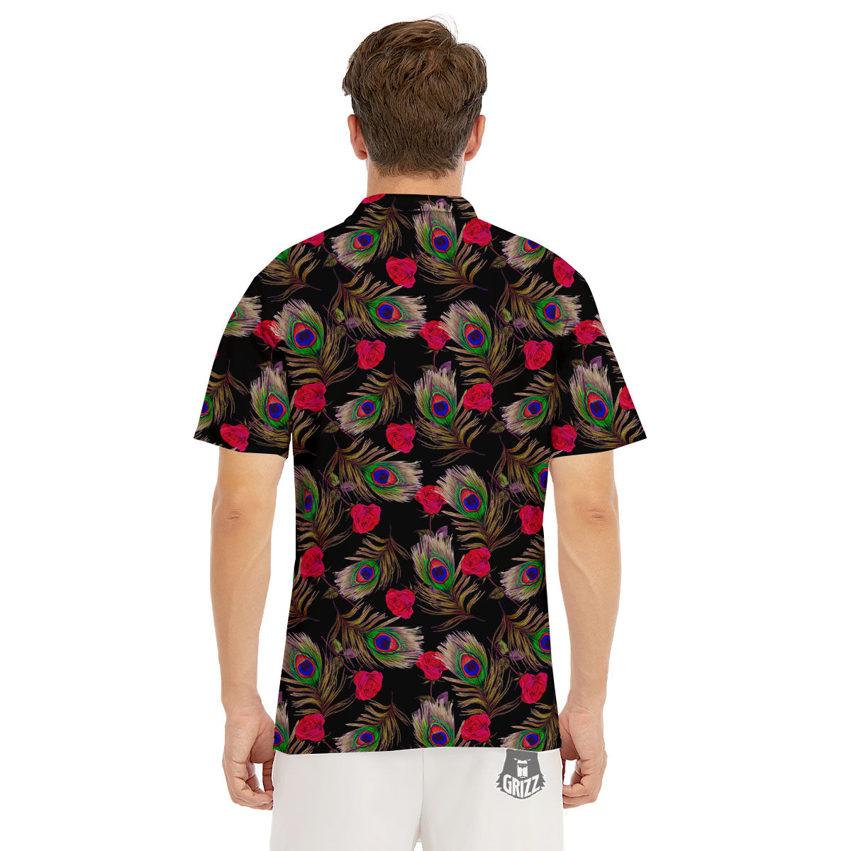 Floral Peacock Feather Print Pattern Men's Golf Shirts-grizzshop