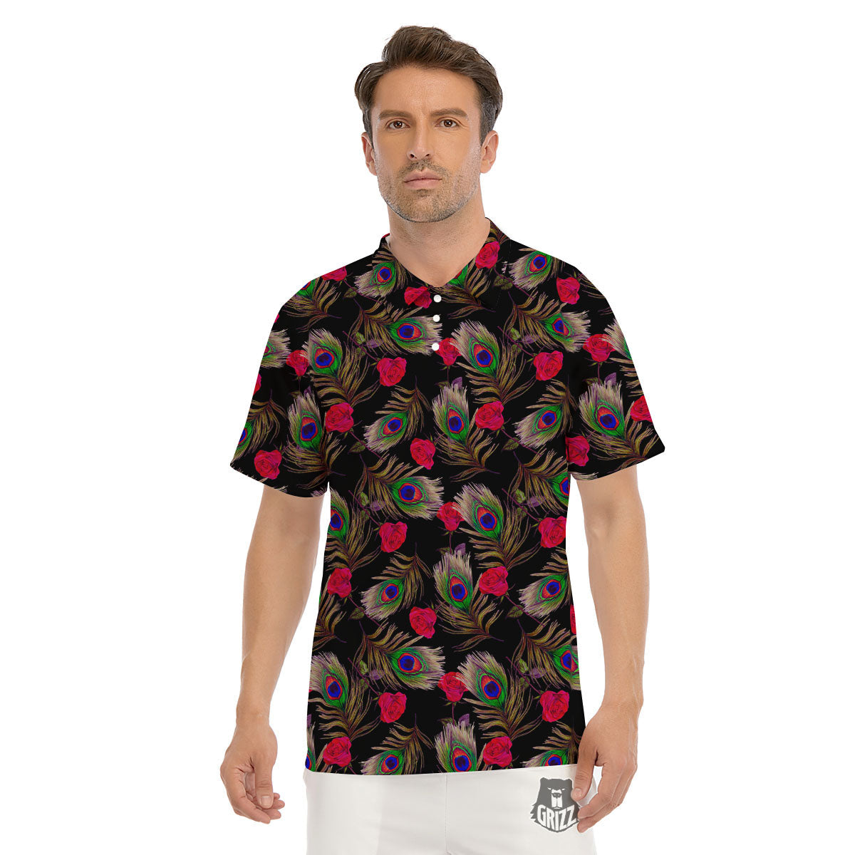 Floral Peacock Feather Print Pattern Men's Golf Shirts-grizzshop