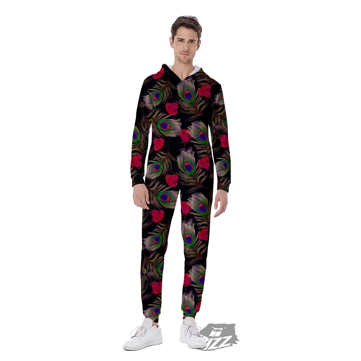 Floral Peacock Feather Print Pattern Men's Jumpsuit-grizzshop