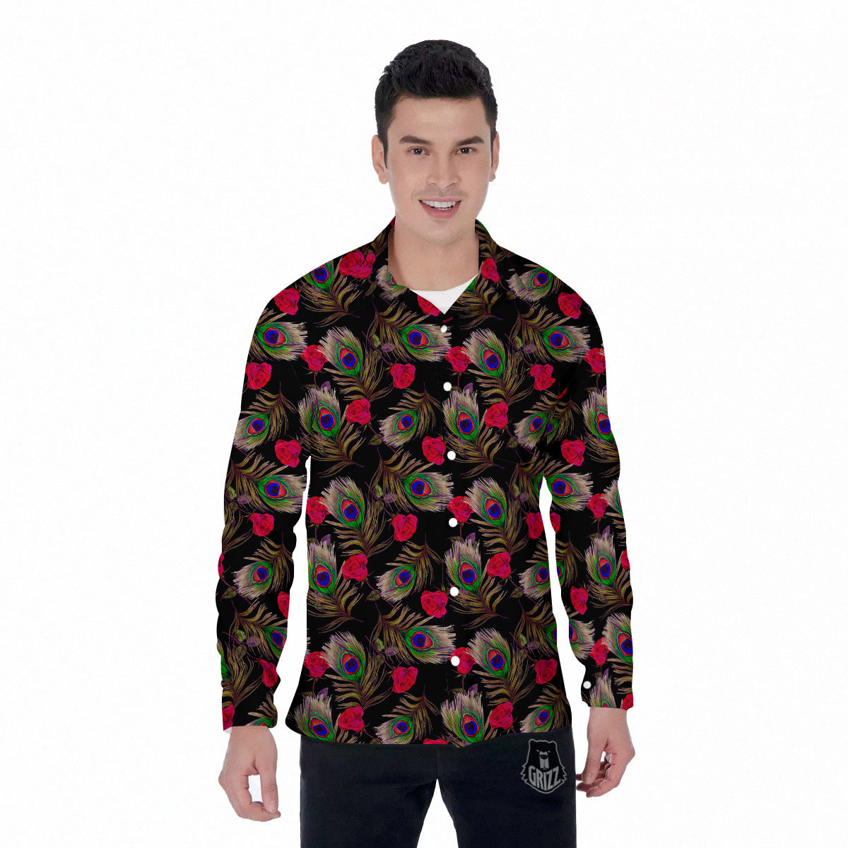 Floral Peacock Feather Print Pattern Men's Long Sleeve Shirts-grizzshop