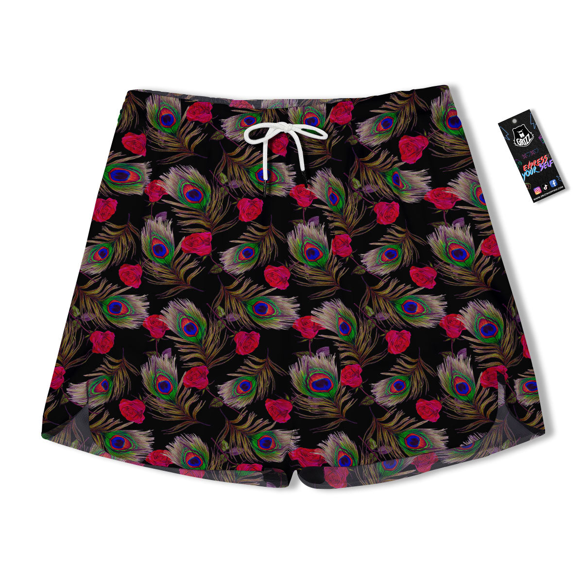 Floral Peacock Feather Print Pattern Men's Running Shorts-grizzshop