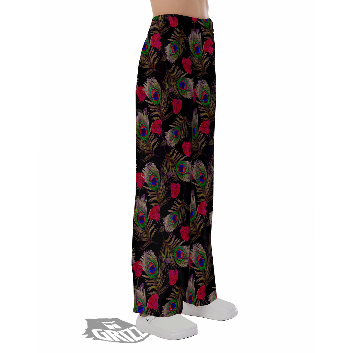 Floral Peacock Feather Print Pattern Pajama Pants-grizzshop