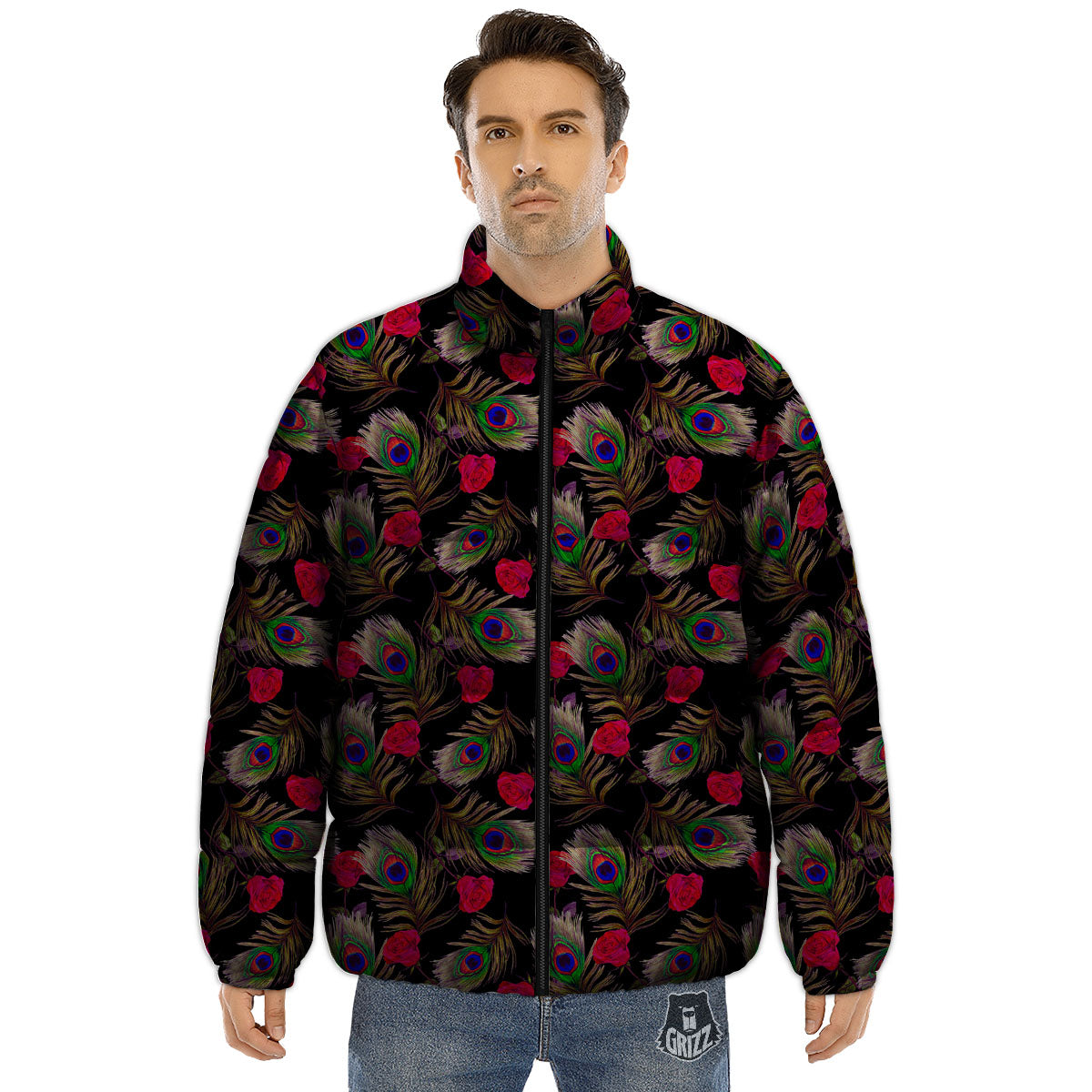 Floral Peacock Feather Print Pattern Puffer Jacket-grizzshop